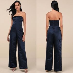 Lulus Chicest Trend Midnight Blue Satin Cargo Jumpsuit S Wedding Party Travel